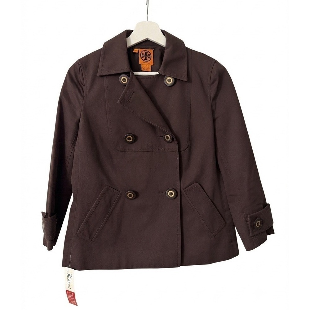 Tory Burch Double Breasted Buttoned Cropped Trench Coat Jacket Chocolate Brown 4